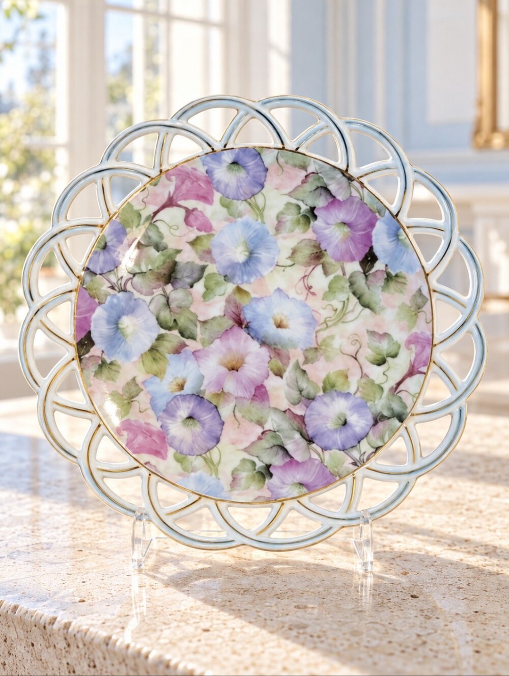 Skye McGhie Morning Glory Reticulated Floral Serving Plate 10" Gold Trim